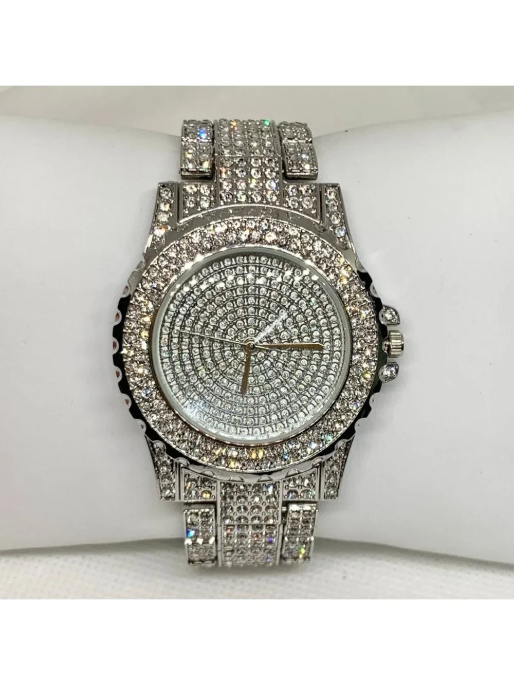 Men’s silver tone iced watch quartz analog 39mm rhinestones up to 8.5” running